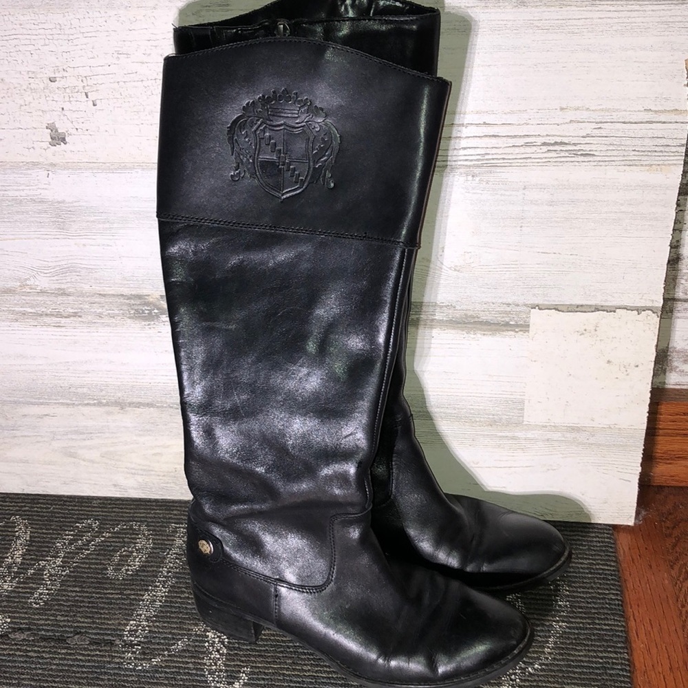 Franco Sarto Boots Womens Chipper Logo Tall Riding Black Leather Heels​​​